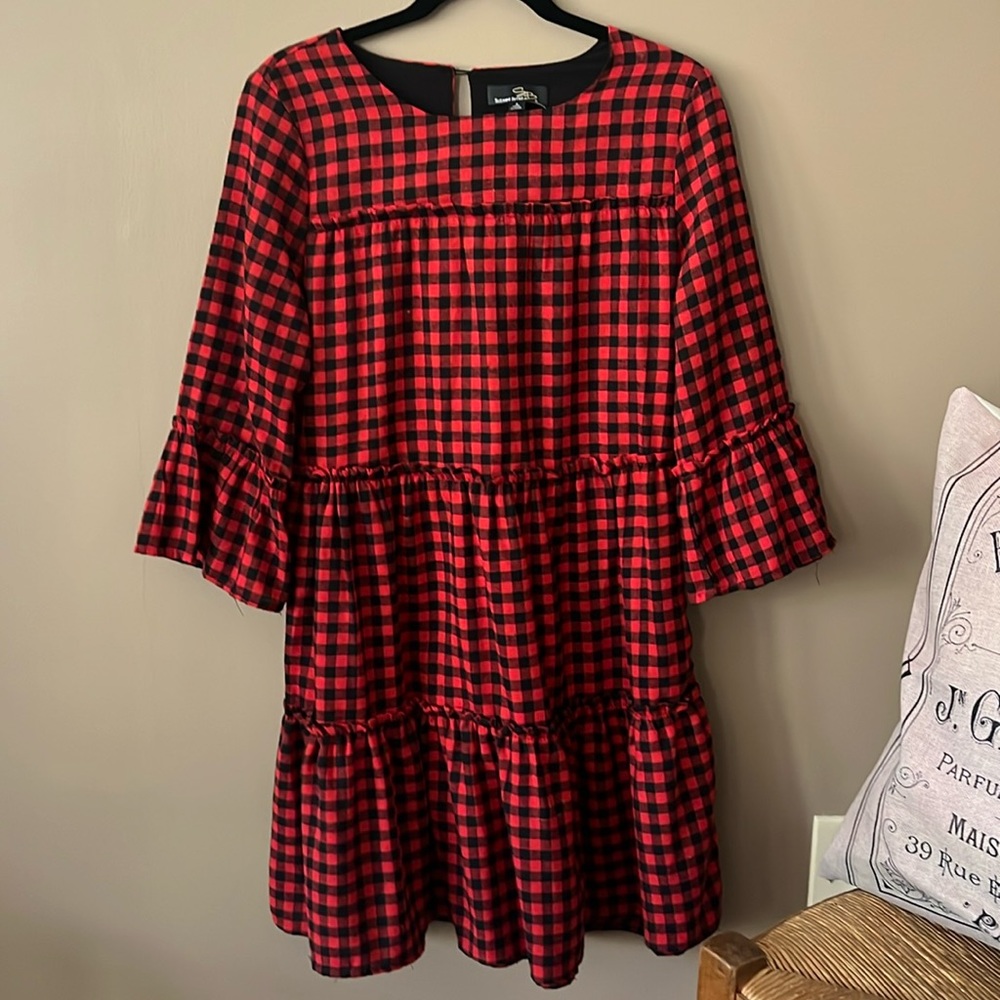 Red and Black Checked Flannel Dress by Suzanne Betro. Three Tiered Styling.